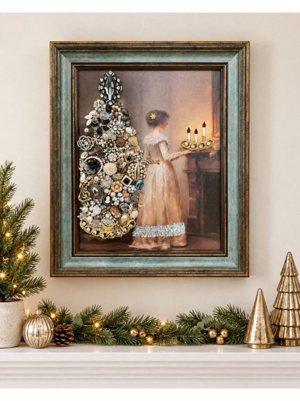 Designs By Betty Framed Mixed Media Jewelry Art Christmas Tree Victorian Lady 17